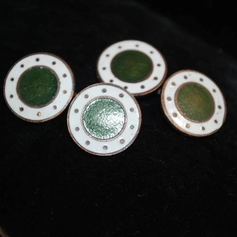 Antique Round White & Green Guilloche Enamel 